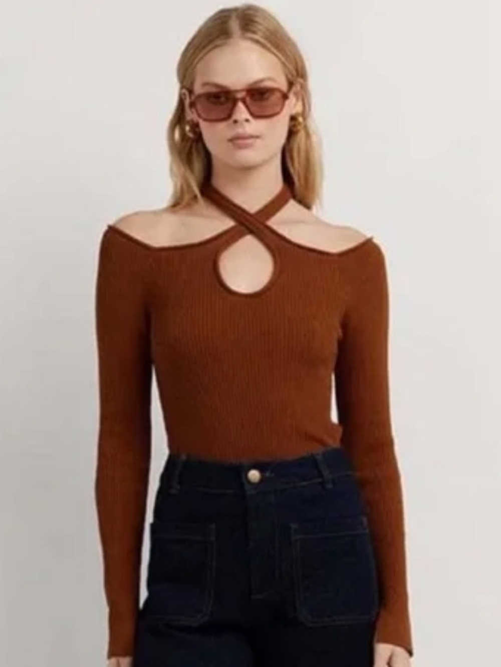 DISSH Toni Rust Brown Orange Ribbed Halter Keyhole Long Sleeve Top S Flawless